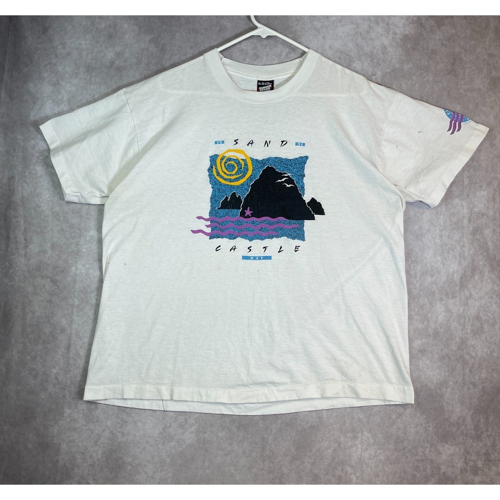 VINTAGE Sand Castle Day Shirt Adult 2XL White Single Paper Thin USA Made 90s